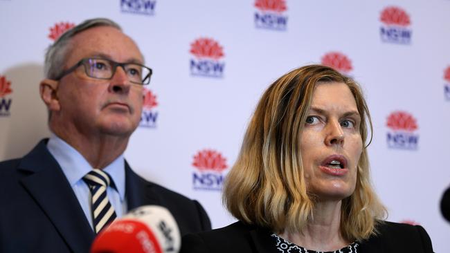 Health Minister Brad Hazzard and NSW Chief Health Officer Dr Kerry Chant speak to the media about COVID-19 developments in Sydney, Thursday, March 5, 2020. Picture: Joel Carrett.