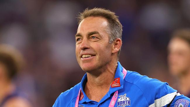 PERTH, AUSTRALIA - MARCH 25: Alastair Clarkson, Senior Coach of the Kangaroos looks on after winning the round 2 AFL match between the Fremantle Dockers and North Melbourne Kangaroos at Optus Stadium, on March 25, 2023, in Perth, Australia. (Photo by Paul Kane/Getty Images)