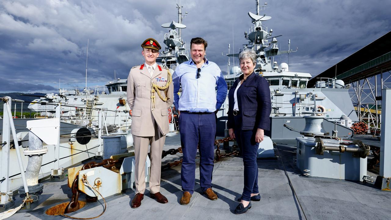 The UK Minister for Armed Forces has visiting HMAS Cairns where two Royal navy ships, the HMS Spey and HMS Tamar, are currently docked. UK Defence Adviser to Australia Brigadier Nigel Best, UK Minister for Armed Forces James Heappey and British High Commissioner to Australia Her Excellency Vicki Treadell inspect both ships from the bow of patrol vessel HMS Spey. Picture: Brendan Radke