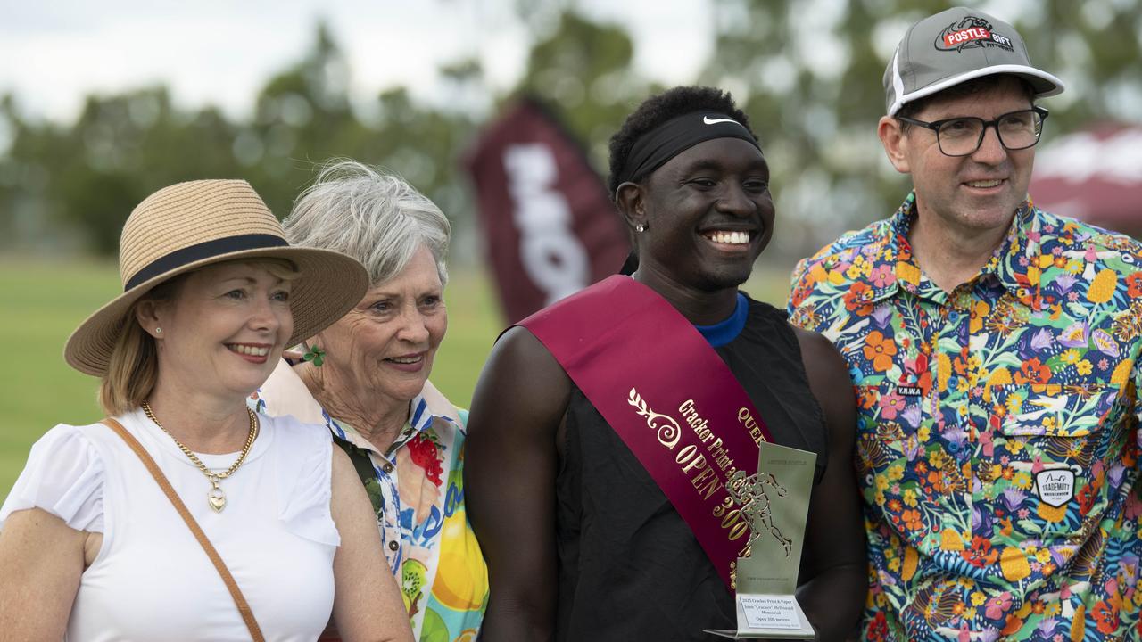 (From left) Lisa McDonald, Joan McDonald, Anas Abu Ganaba winner of the John “Cracker” McDonald 300 metres open and Geoff McDonald. The Arthur Postle Gift at Pittsworth. Saturday 18th January, 2025. Picture: Nev Madsen.