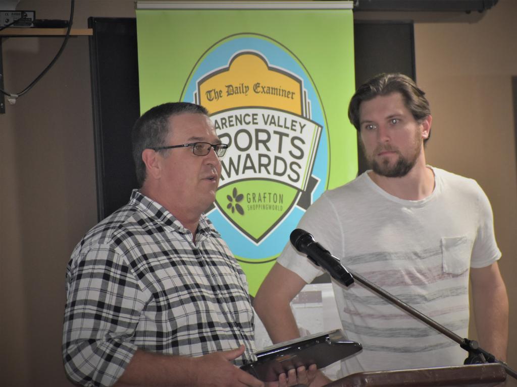 Grafton Tigers Seniors AFL coach Adi Campbell accepts the Coach of the Year award from The Athlete's Foot's Dylan Turner at the 2020 Clarence Valley Sports Awards at Grafton District Services Club on Saturday, 14th November, 2020. Photo Bill North / The Daily Examiner