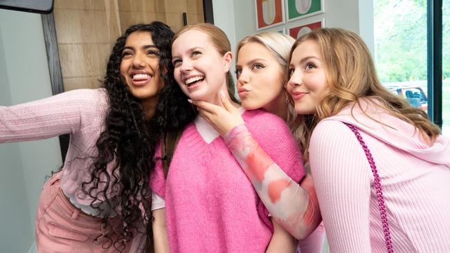 Avantika, Angourie Rice, Renee Rapp, and Bebe Wood on the set of Mean Girls. Photo: Jojo Whilden/Paramount Pictures.
