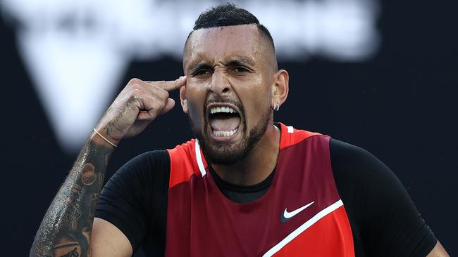 Nick Kyrgios has had a go out the crowd and umpire multiple times during his match against world no. 2 Daniil Medvedev. Picture: Cameron Spencer/Getty Images