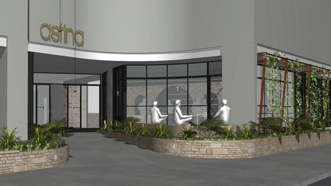 A 3D render showing the outside of Penrith's luxury Astina Hotel on Woodriff St, after the new cafe and bar is installed. Picture: Supplied/Integrated Design Group