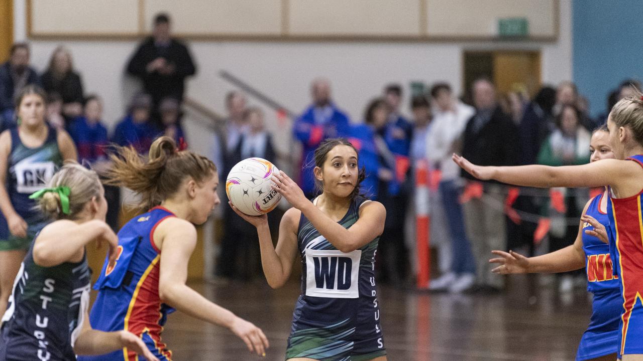 Lily Cameron of St Ursula's Senior B against Downlands Second VII in Merici-Chevalier Cup netball at Salo Centre, Friday, July 19, 2024. Picture: Kevin Farmer