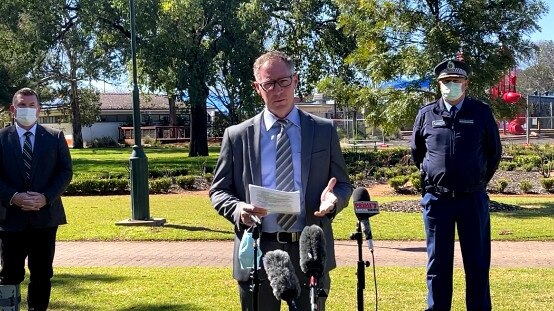 Dubbo MP Dugald Saunders, Western NSW Local Health District CEO Scott McLachlan, Assistant NSW Police Commissioner and Western Region commander Geoff McKechnie speak to the media about the Covid-19 situation in the region. Picture: Facebook