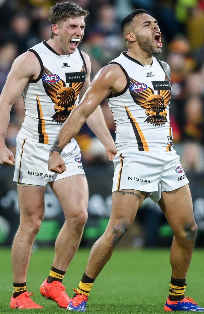 Jarman Impey celebrates one of the best goals of his career in Hawthorn’s round 20 win over Adelaide at the Adelaide Oval. Picture: Mark Brake / Getty Images