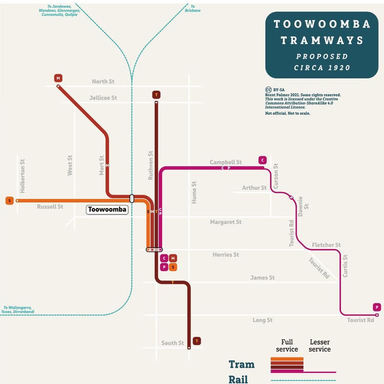 Brisbane public transport advocate Brent Palmer reimagined a 1920 proposal for a tram in the Toowoomba CBD.