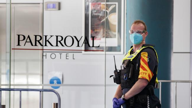 Police outside the Park Royal Hotel at Melbourne Airport. Picture: David Geraghty