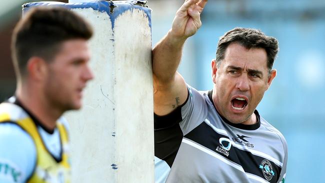 Shark's coach Shane Flanagan during the Cronulla Sharks training session at Forshaw Park , Sylvania . Picture : Gregg Porteous