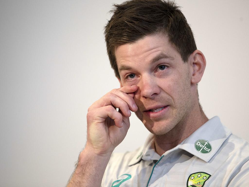 An emotional Tim Paine announces he’s stepping down as Australian Test cricket captain. Picture: Chris Kidd