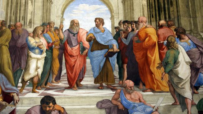 A fresco featuring Plato, Arisotle and The School of Athens in the Vatican.