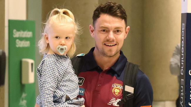 Lions co-captain Lachie Neale at Brisbane Airport before flying to Melbourne. Picture: Liam Kidston