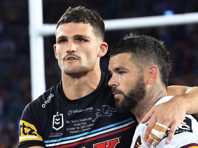 Nathan Cleary and Adam Reynolds after  the 2023 NRL Grand Final between the Brisbane Broncos and the Penrith Panthers at Accor Stadium, Sydney Olympic Park. Pics Adam Head