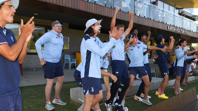 NSW Metro players jump for joy at the grand final at Karen Rolton Oval 22 December, 2022, Cricket Australia U19 Male National Championships 2022-23.Picture: Cricket Australia.