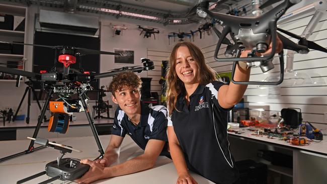 Seaton High student Lance Mihic, being trained in drone technology by Molly Hennekam, manager at the University of Adelaide's Unmanned Research Aircraft Facility. Picture: Tom Huntley