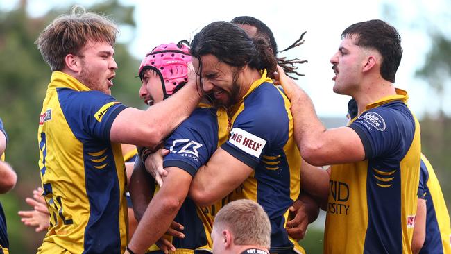 Bond University fullback Dion Samuela scores his first of two tries against Souths Magpies in the 2025 Hospital Cup Round 6 clash at Bond University on May 3, 2025. Picture: Chris Hyde / Bond University