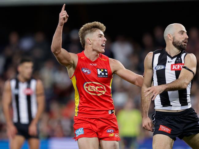 Young Sun Will Graham enjoys drilling a goal. Picture: Russell Freeman/AFL Photos via Getty Images