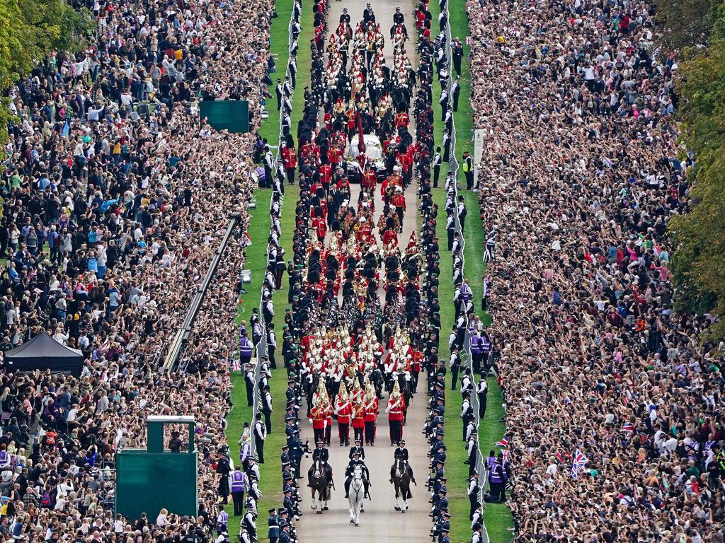 The Ceremonial Procession of the coffin of Queen Elizabeth II travels down the Long Walk. Picture: AFP