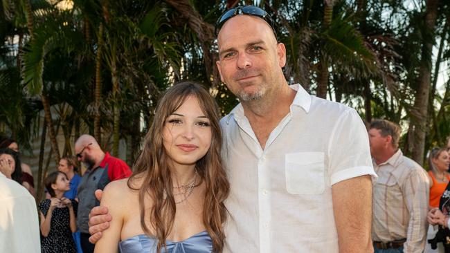 Lily- Rose with dad Geoff Nicolai at the Mackay Northern Beaches State High School Senior Formal Class of 2022 held at Mantra Mackay Marina. Picture: Michaela Harlow