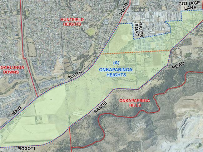 Land where up to 2000 new homes will be built for a new suburb in Adelaide's south, to be called Onkaparinga Heights. Picture: Renewal SA