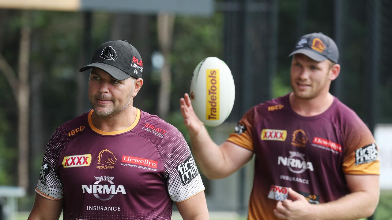 Broncos Coach Anthony Seibold and Matt Lodge at Red Hill.