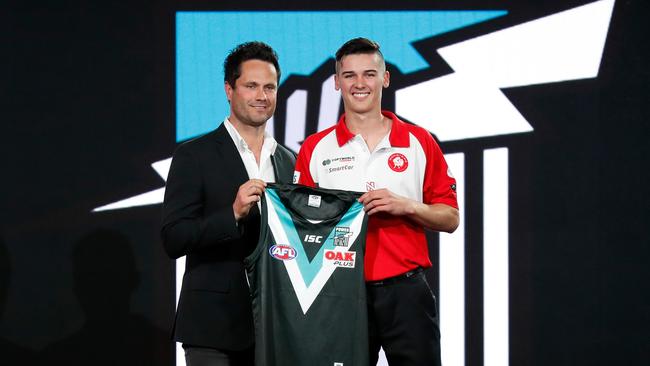 Port Adelaide’s two youngest AFL captains, Gavin Wanganeen and Connor Rozee, on draft night in 2018. Picture: Michael Willson/AFL Media/Getty Images