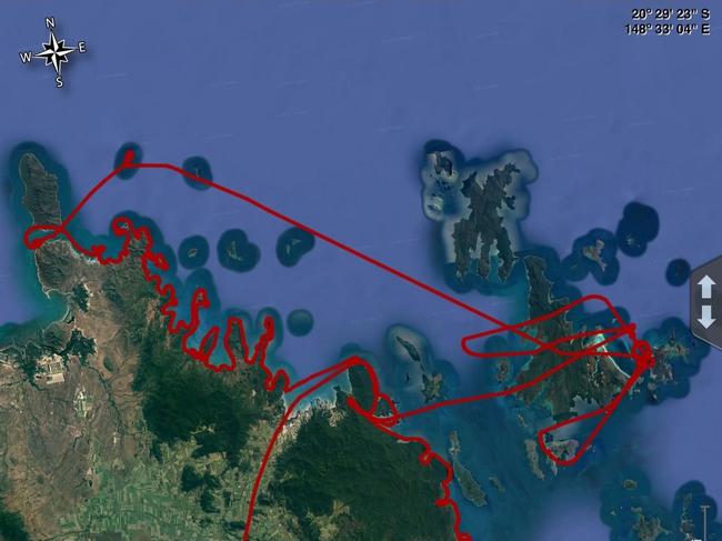 The flight path of the RACQ CQ Rescue chopper, which conducted a three-hour aerial search of the coastline between Conway Point and Dingo Beach on Sunday, April 10, for Lee Eastham, reported missing since Thursday, April 7. Picture: RACQ CQ Rescue