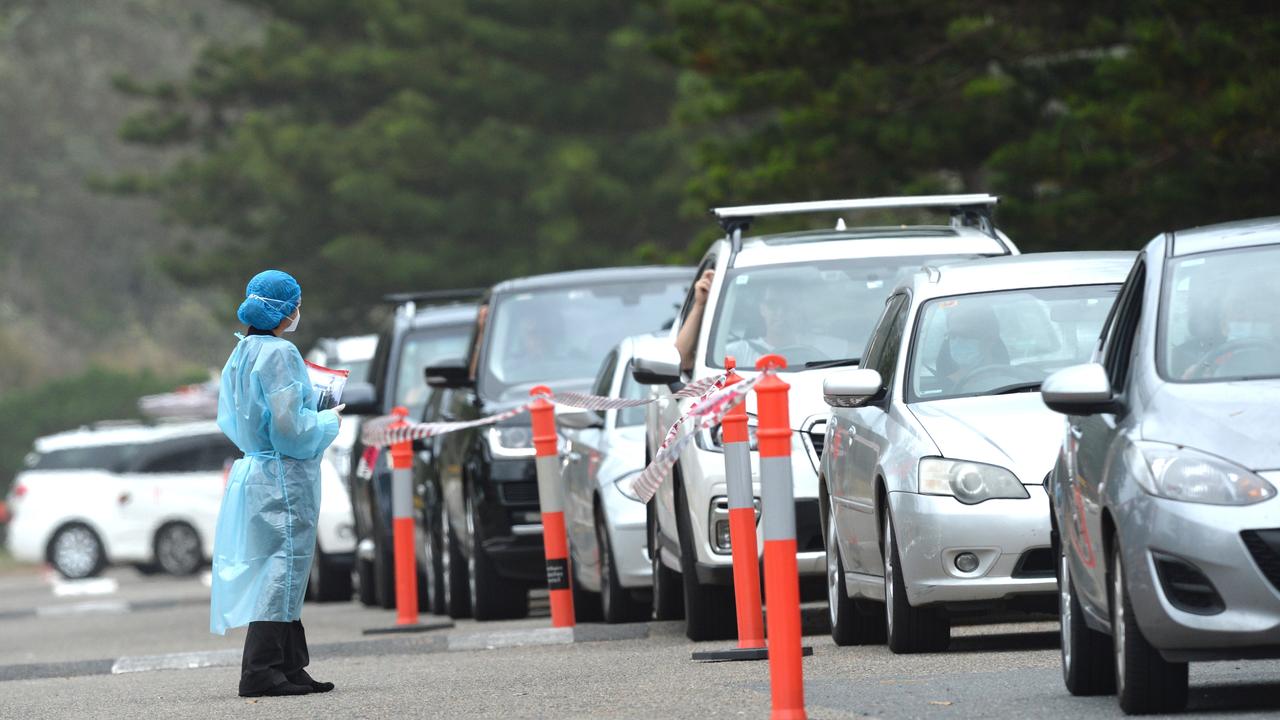 Northern beaches residents line up for testing at Newport Beach. Picture: Jeremy Piper