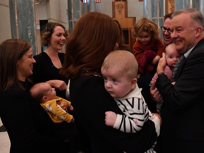 Mr Albanese with MP parents Amanda Rishworth, Anika Wells, Ms Payne, Kate Thwaites and Matt Keogh. Picture: Getty Images