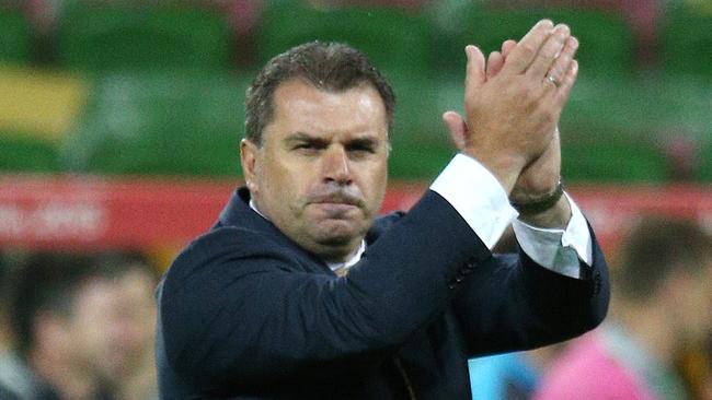 Socceroos coach Ange Postecoglou thanks the fans after the game.