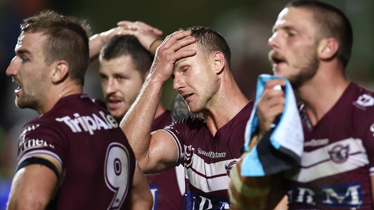 Daly Cherry-Evans and the Sea Eagles react after a Panthers. Picture: Cameron Spencer/Getty Images