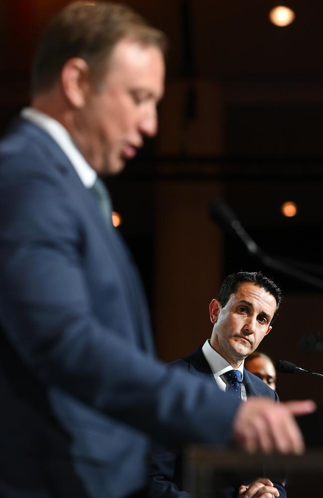 Premier Steven Miles (foreground) and Opposition Leader David Crisafulli debate on Wednesday. Picture: John Gass/NCA NewsWire