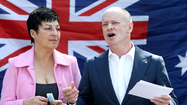 Campbell Newman, with his wife Lisa, announces his Senate bid for the Liberal Democrats in Brisbane on Sunday. Picture: Steve Pohlner