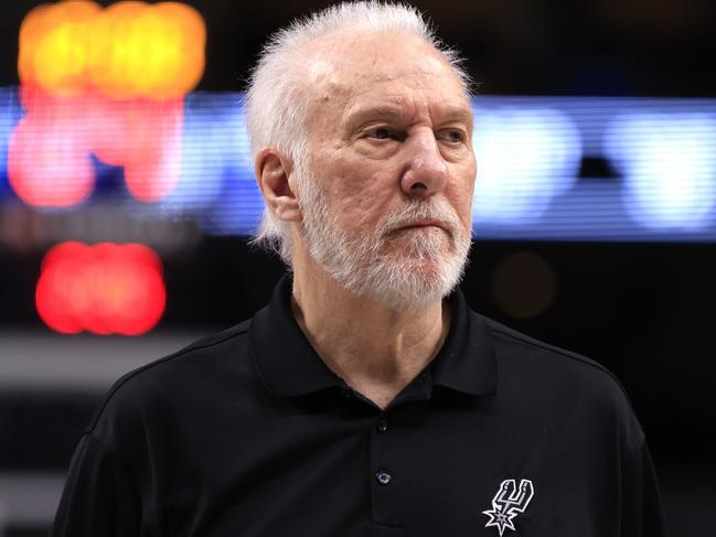 DALLAS, TX - FEBRUARY 14: Head coach Gregg Popovich of the San Antonio Spurs looks on as the Spurs take on the Dallas Mavericks in the first half at American Airlines Center on February 14, 2024 in Dallas, Texas. NOTE TO USER: User expressly acknowledges and agrees that, by downloading and or using this photograph, User is consenting to the terms and conditions of the Getty Images License Agreement. (Photo by Ron Jenkins/Getty Images)