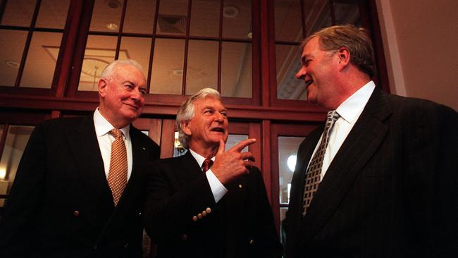 Former Labor prime ministers Gough Whitlam and Bob Hawke with then Opposition Leader Kim Beazley in 2000. Picture: Lindsay Moller.