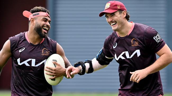 Ezra Mam (left) will get first crack at the Broncos No.6 jersey in 2023. Picture: Getty Images.