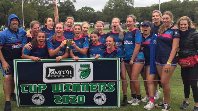 The Sunshine Coast Stingrays celebrate winning the U17 Girls division one at the Noosa Sevens Youth Carnival.