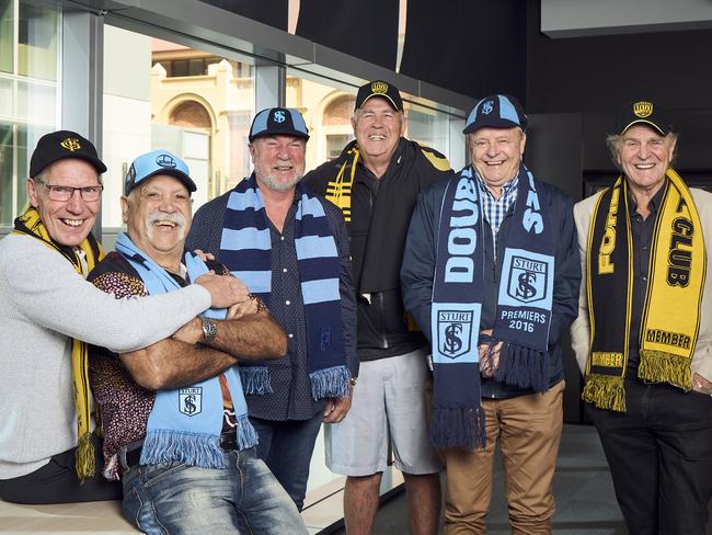 Neville Caldwell, Michael Graham, Robbert Klomp, Peter Carey, Phil 'Sandy' Nelson, and Graham Cornes in Adelaide, ahead of the SANFL grand final, Wednesday, Sept. 20, 2023. Picture: Matt Loxton