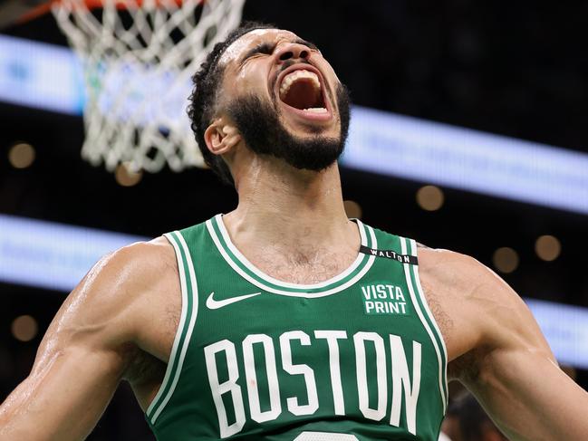 BOSTON, MASSACHUSETTS - JUNE 17: Jayson Tatum #0 of the Boston Celtics reacts after a play during the second quarter of Game Five of the 2024 NBA Finals against the Dallas Mavericks at TD Garden on June 17, 2024 in Boston, Massachusetts. NOTE TO USER: User expressly acknowledges and agrees that, by downloading and or using this photograph, User is consenting to the terms and conditions of the Getty Images License Agreement. (Photo by Elsa/Getty Images)