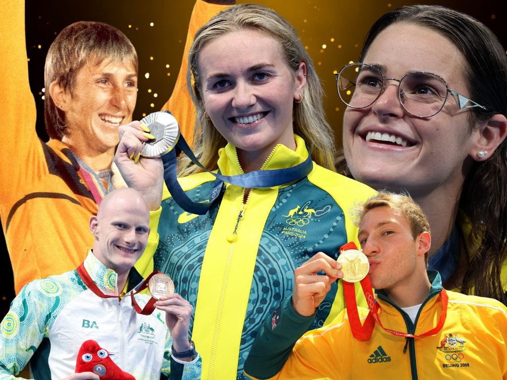 Some of Queensland's Olympic and Paralympic champions who could be honoured should a phyisal Queensland sporting museum be built (clockwise, from top left): Glynis Nunn, Ariarne Titmus, Kaylee McKeown, Matthew Mitcham and Rowan Crothers.