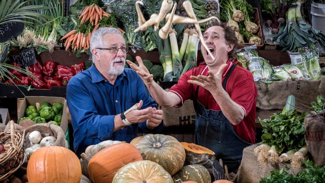 When he's not in the studio veteran broadcaster Neil Mitchell likes wandering through the Prahran Market and visits his favourite fruiterer, John Narduzzo at Pino's Fruiterer. Picture: Jake Nowakowski