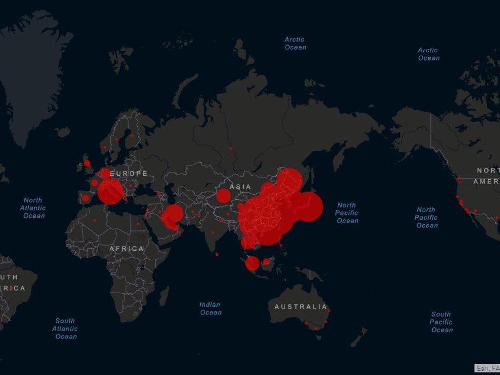 The virus has now spread to 45 other countries. Picture: John Hopkins CSSE