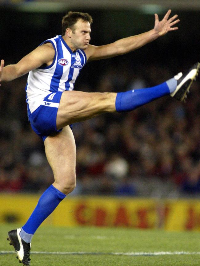 There’s an online movement to get goalkicking great Saverio Rocca into the AFL Hall of Fame, but he narrowly misses the cut in this Kangaroos side. Picture: Kelly Barnes