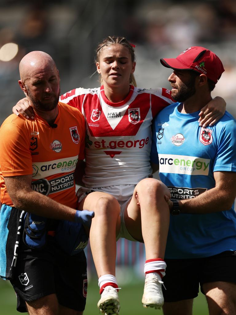 It wasn’t all good news for the Dragons however, with Talei Holmes forced from the field with a knee injury. Picture: Getty Images.