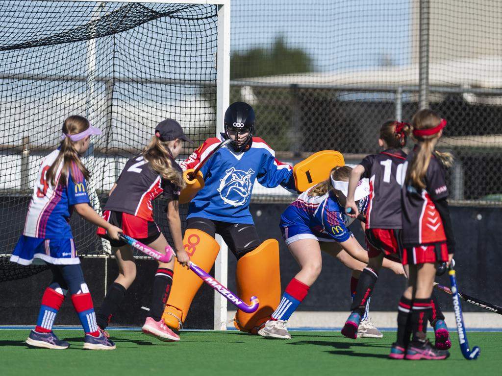 Rangeville goal keeper Grace Matthews against Past High in under-11 girls Presidents Cup hockey at Clyde Park, Saturday, May 27, 2023. Picture: Kevin Farmer