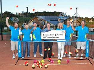 CELEBRATION: Dion Andrews, Joan Nicoll, Graham Nicoll , Vesna O'Connor, Debbie Teitzel, Geoff Dowling and Rob Nienhuis are all smiles about the future of the Tennis Terranora Club. Picture: Richard Manando