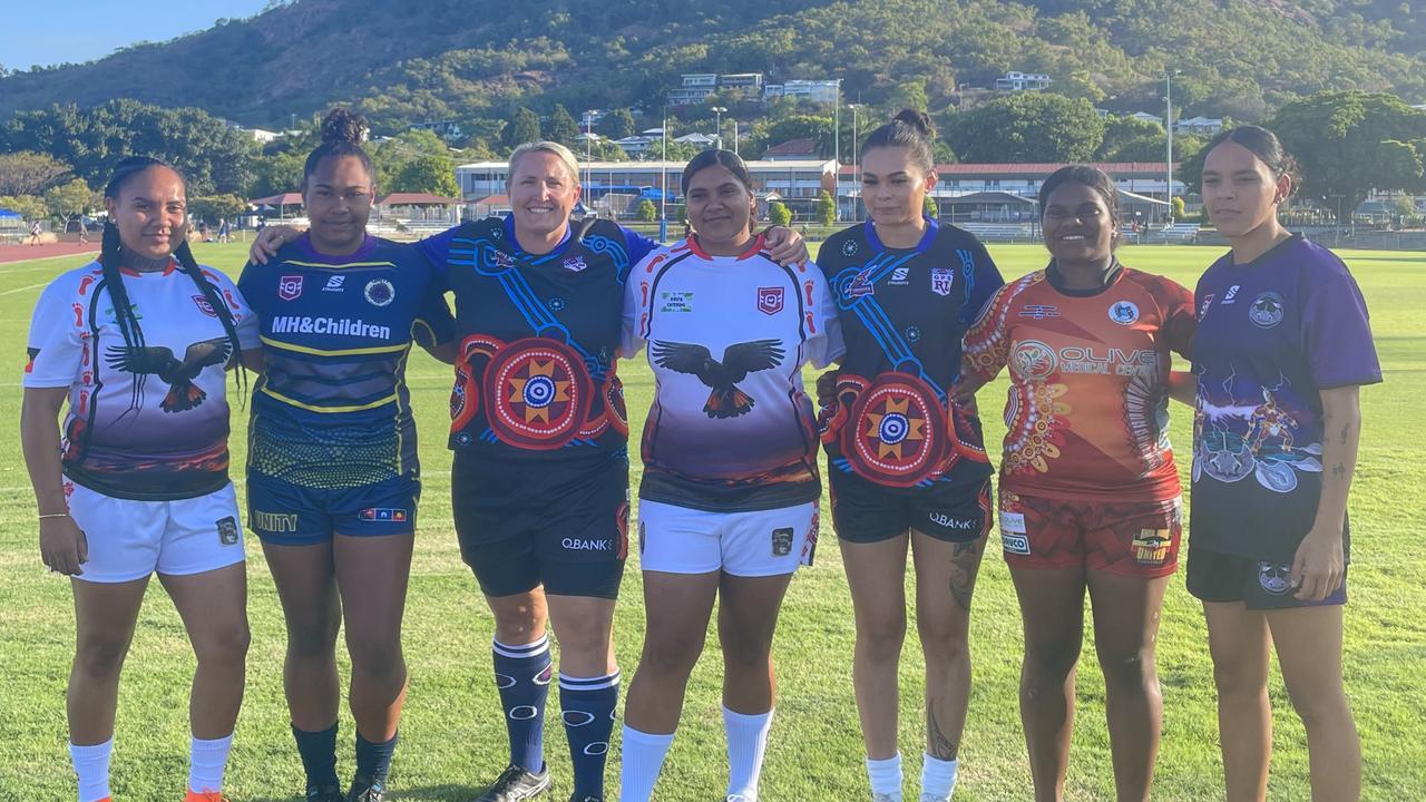 Players prepare for the 2024 Bindal Sharks All Blacks rugby league carnival. Left to right: Cutika Illin, Theophelia Mosby-Nona, Cass McMullan, Leandra Illin, Nikita Asanuma, Elva Mait, Ana Ahmat. Picture: Patrick Woods.