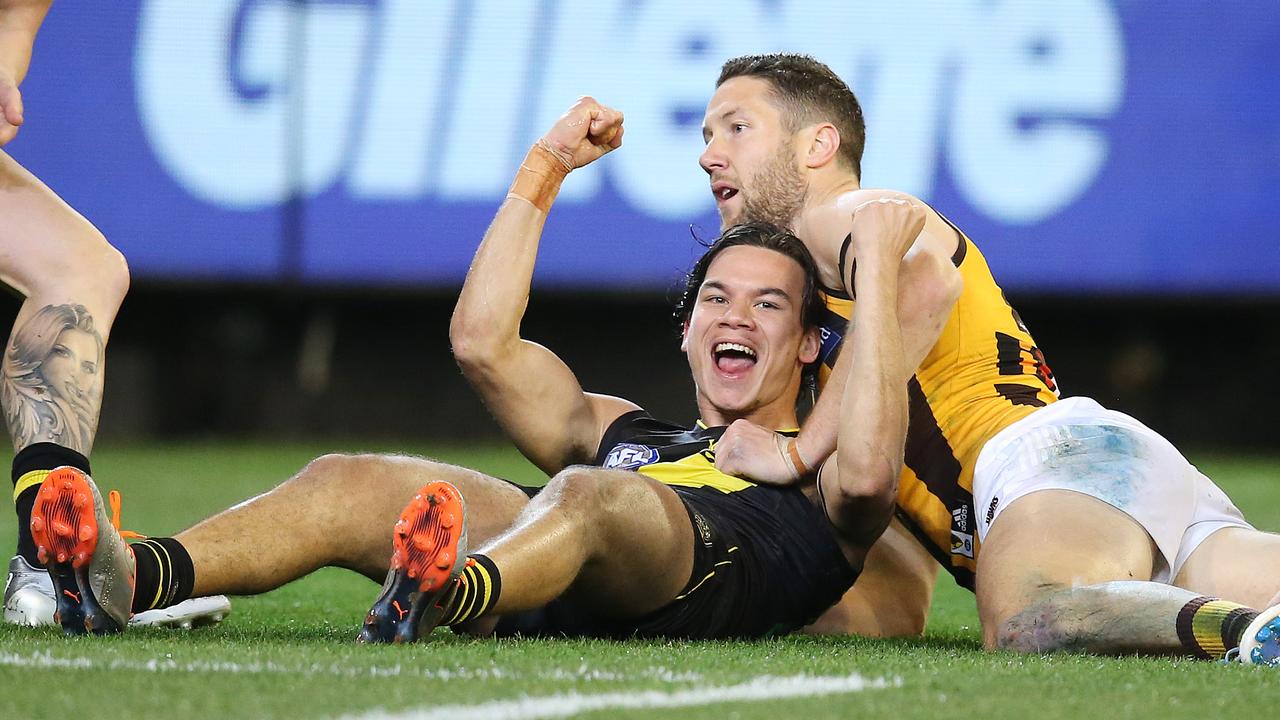 Daniel Rioli celebrates a goal in Thursday night’s qualifying final at the MCG.