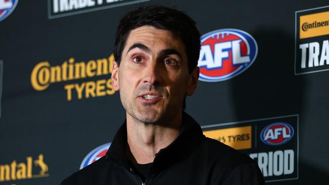 MELBOURNE, AUSTRALIA - OCTOBER 07: Matt Rosa, Essendon Talent &amp; Operations Manager speaks during the 2024 Continental Tyres AFL Trade Period at Marvel Stadium on October 07, 2024 in Melbourne, Australia. (Photo by Josh Chadwick/AFL Photos via Getty Images)